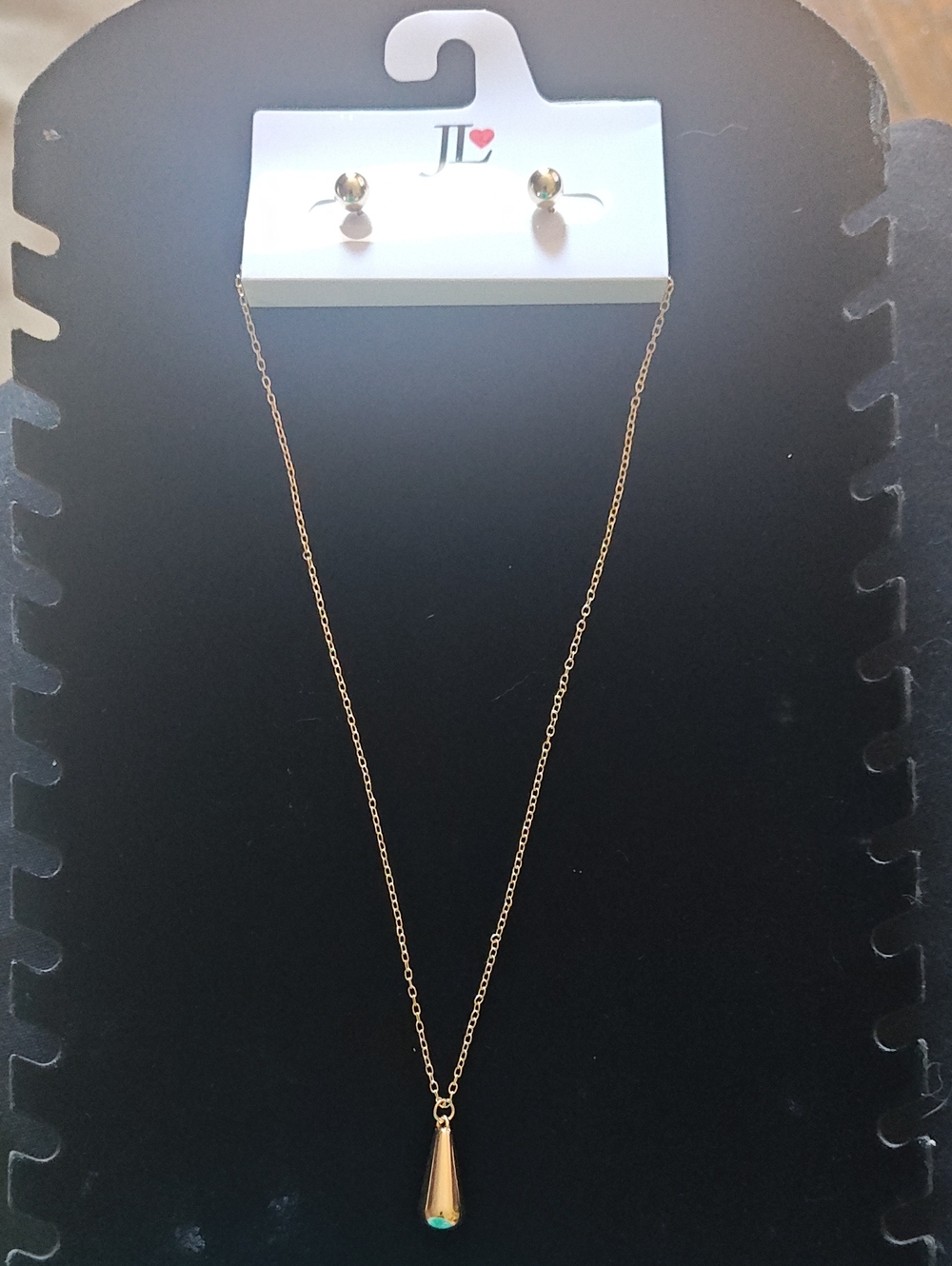 JL Gold Teardrop Pendant Necklace and Stud Earrings Set - Gold